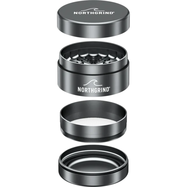 NORTHGRIND® Toothless Alu Grinder Langeoog Storm Rock (Grey) – exploded view with all parts