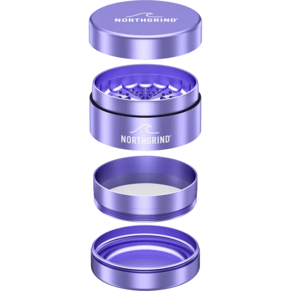 NORTHGRIND® Toothless Alu Grinder Langeoog Sea Lavender (Purple) – exploded view with all parts